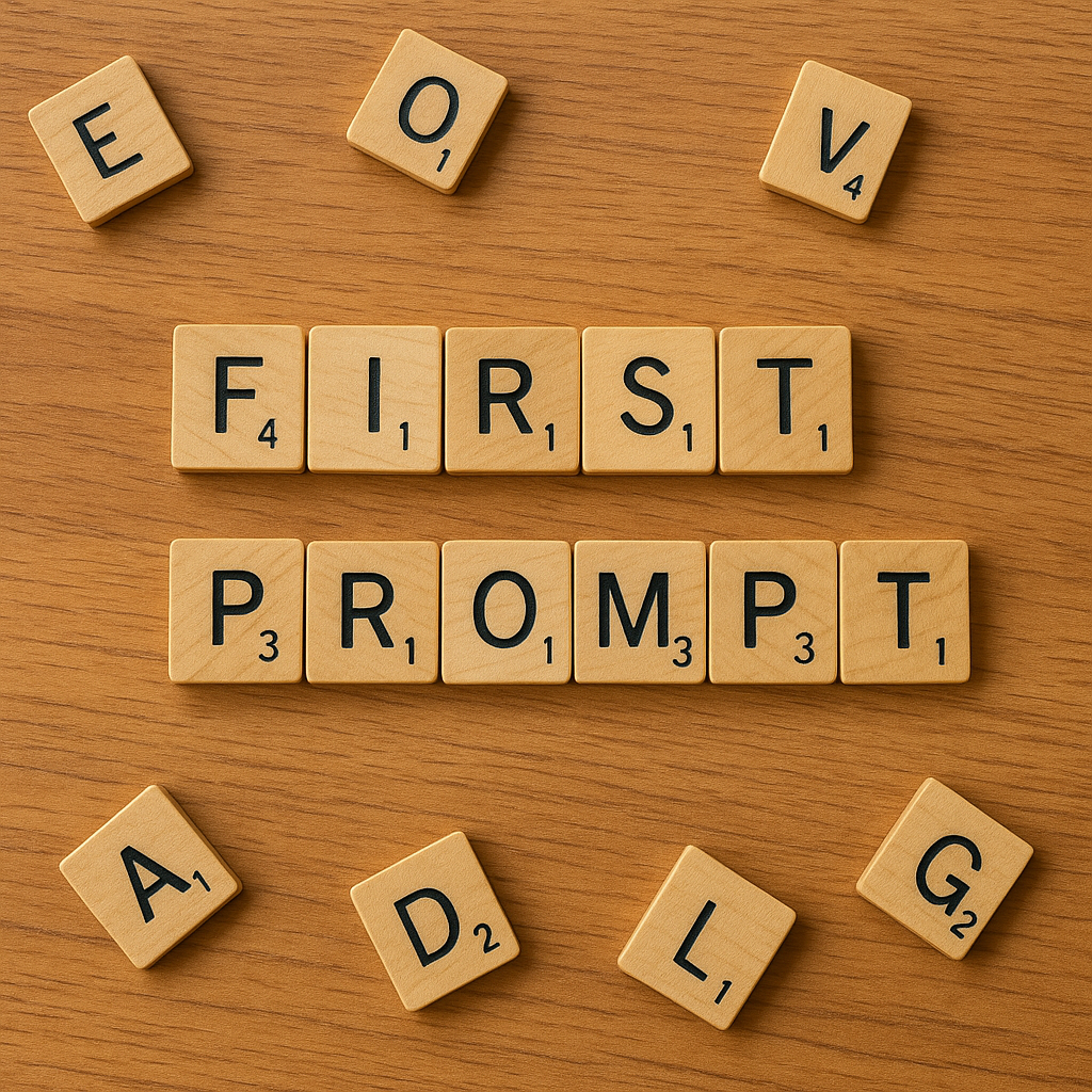 AI Prompt Engineering The words First Prompt in Scrabble Letters
